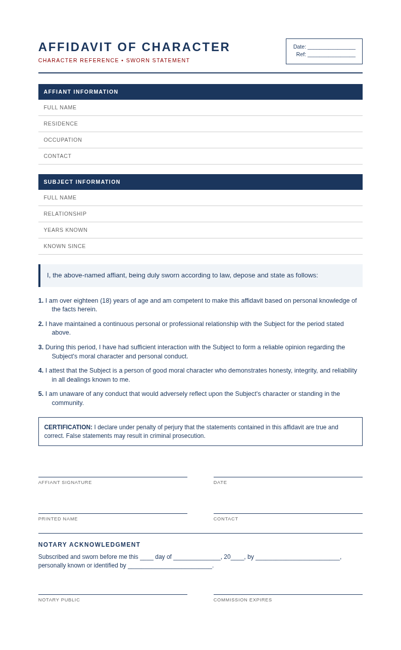 Financial Statement Affidavit of Character